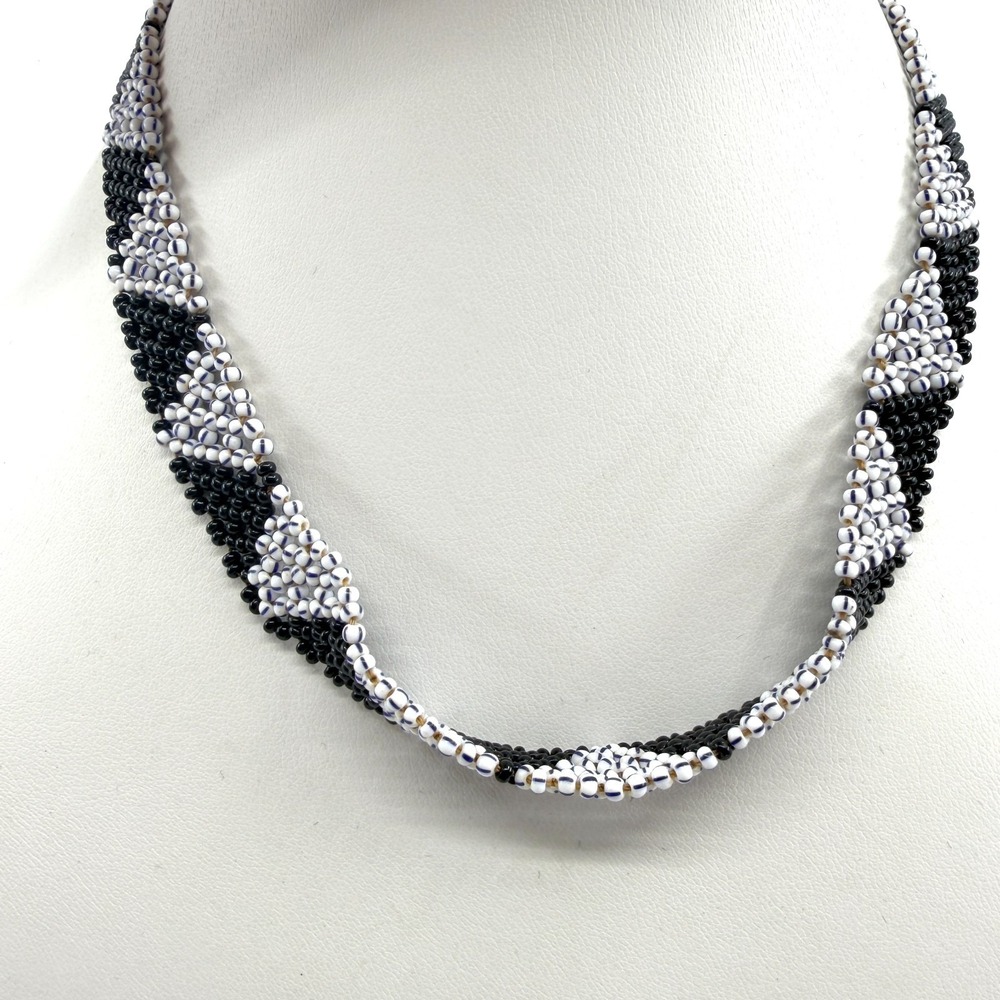 Geometric Beaded Statement Necklace Black White Boho Festival Choker